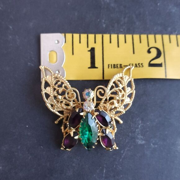 Gold Tone Butterfly Brooch Pin Green Purple Rhinestone Fancy Intricate 1.5 Inch - Picture 7 of 7